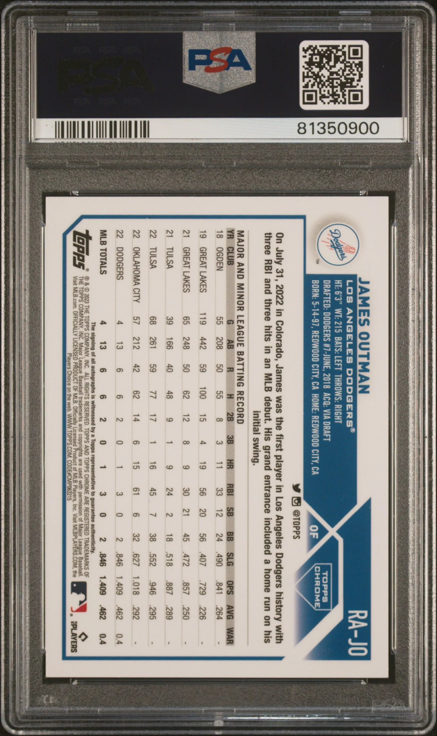2023 Topps Chrome Rookie Autograph James Outman #RAJO PSA 10 - Image 2