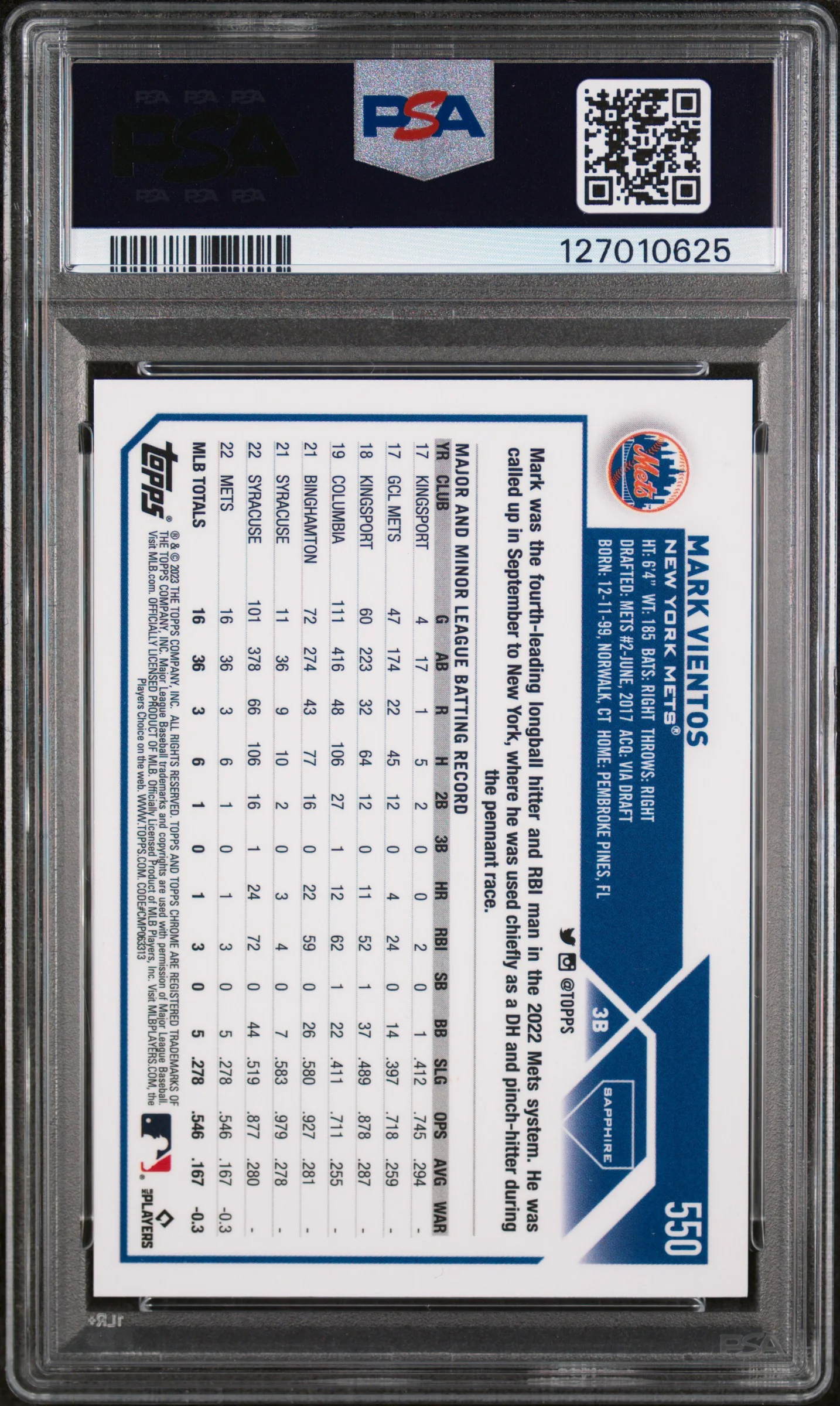 2023 Topps Chrome Sapphire Orange Mark Vientos #550 /75 PSA 9 - Image 2