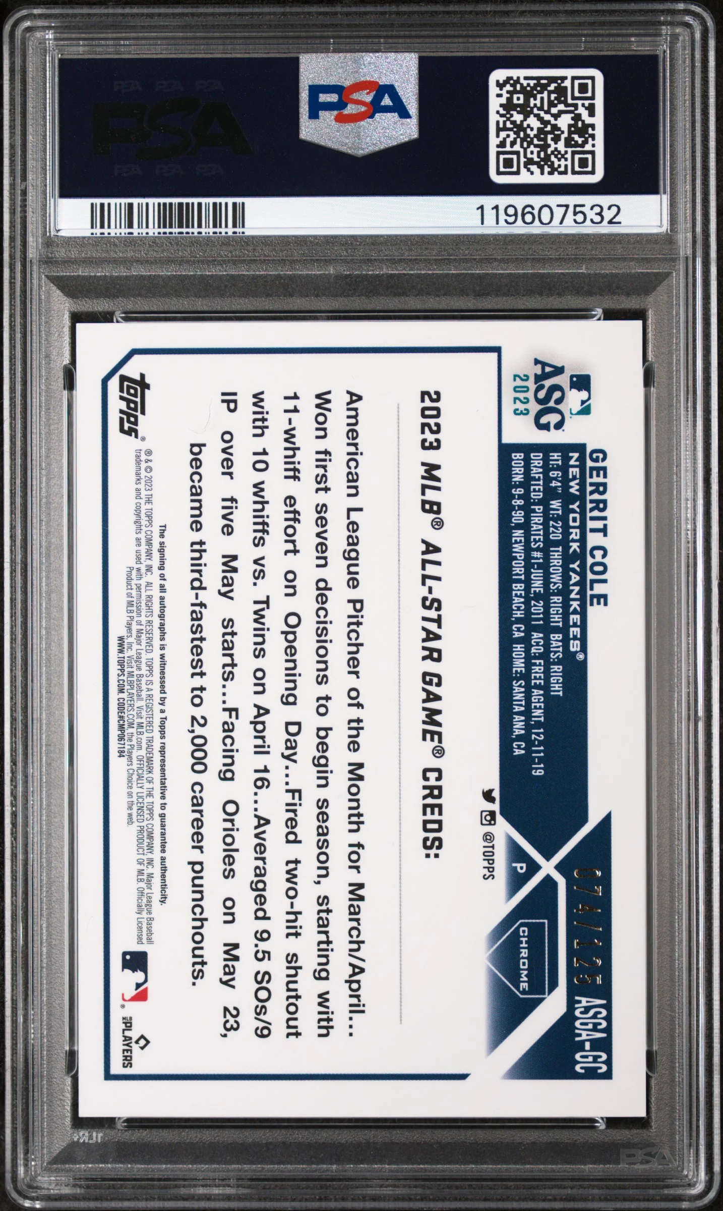 2023 Topps Chrome Update ASG X-Fractor Gerrit Cole #ASGA-GC Auto /125 PSA 10 - Image 2