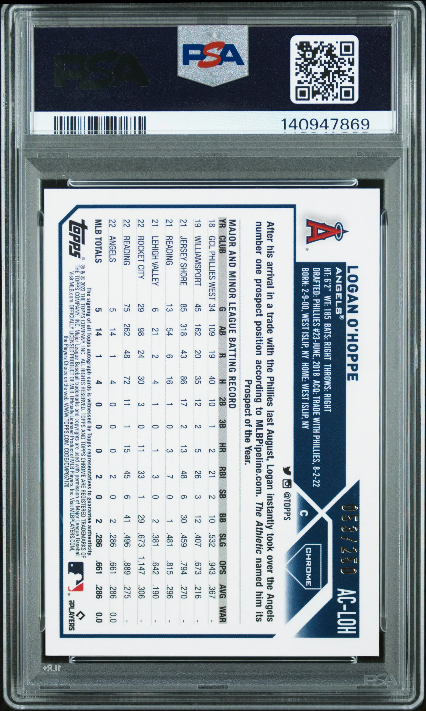 2023 Topps Chrome Update Autographs Purple Refractor Logan O'Hoppe #AC-LOH /250 PSA 9 - Image 2