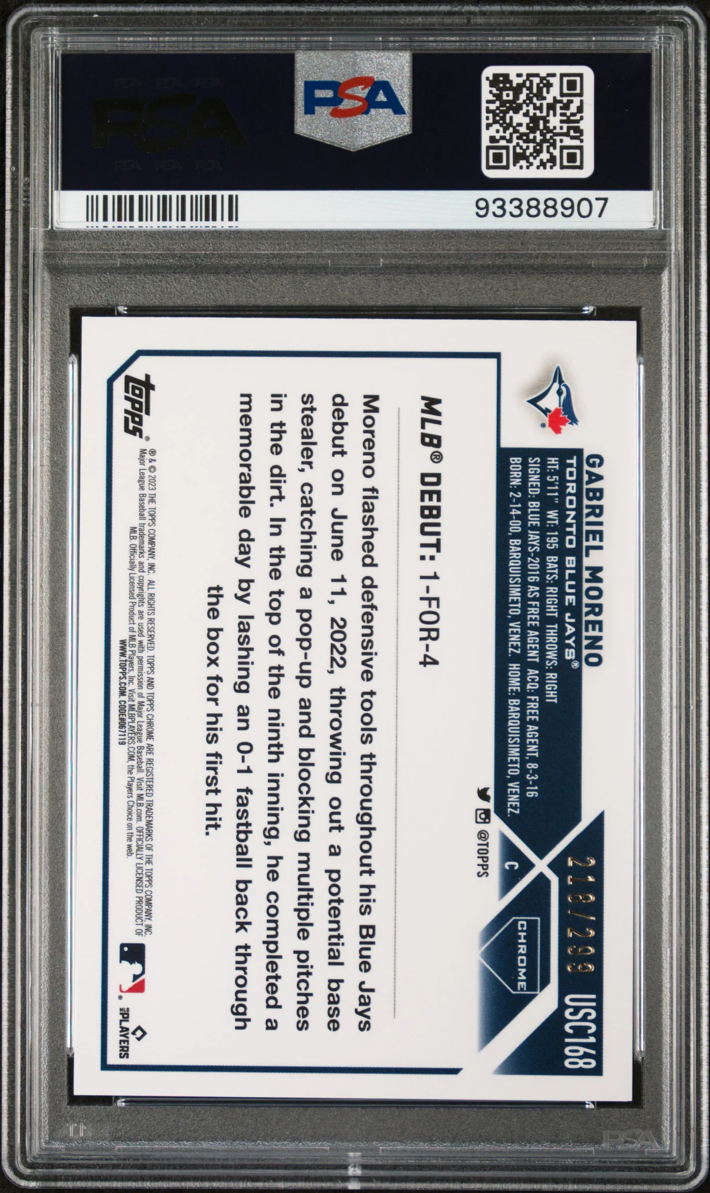 2023 Topps Chrome Update Magenta/Purple Gabriel Moreno #USC168 RC /299 PSA 9 - Image 2