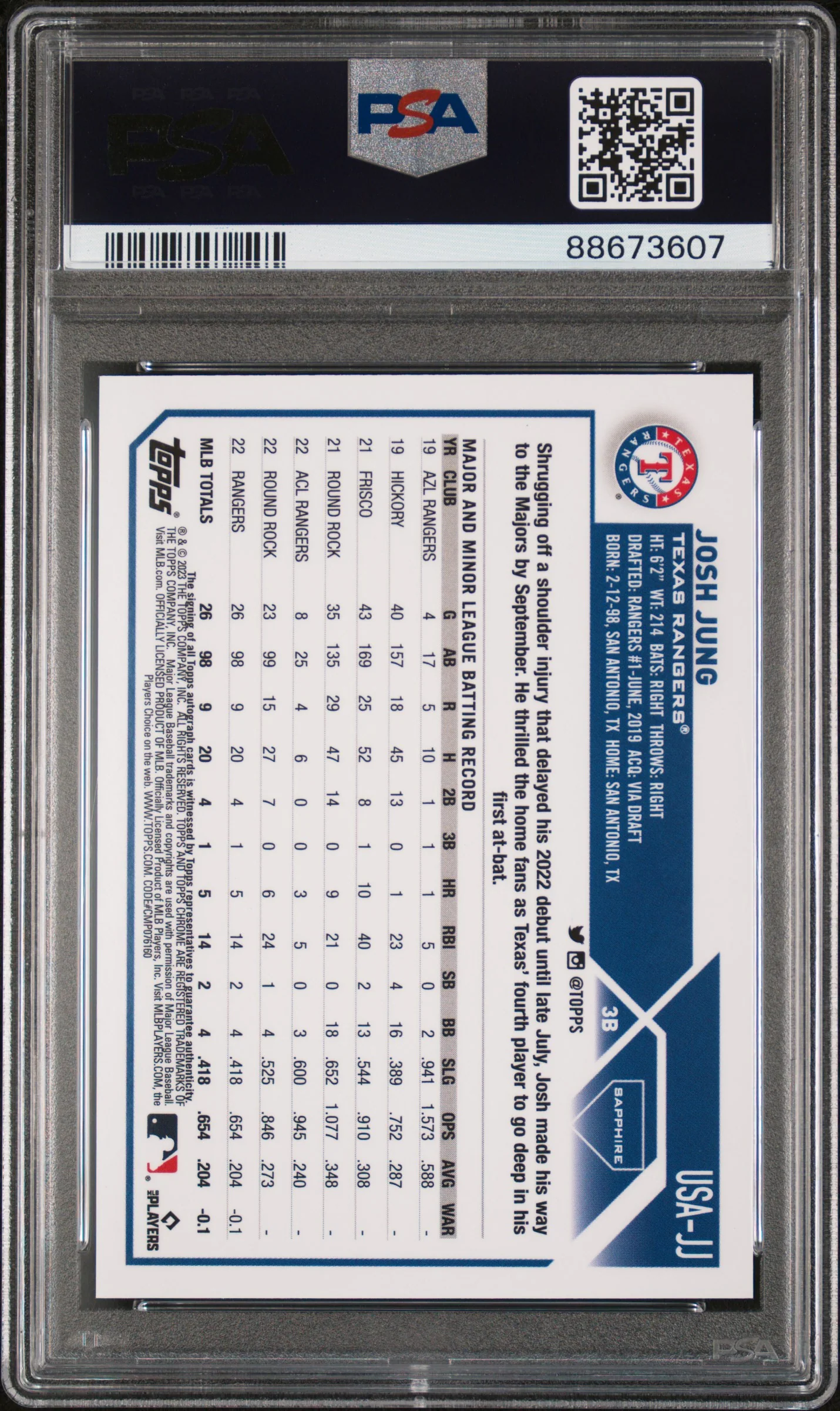 2023 Topps Chrome Update Sapphire Autographs Josh Jung #USAJJ /199 PSA 10 - Image 2