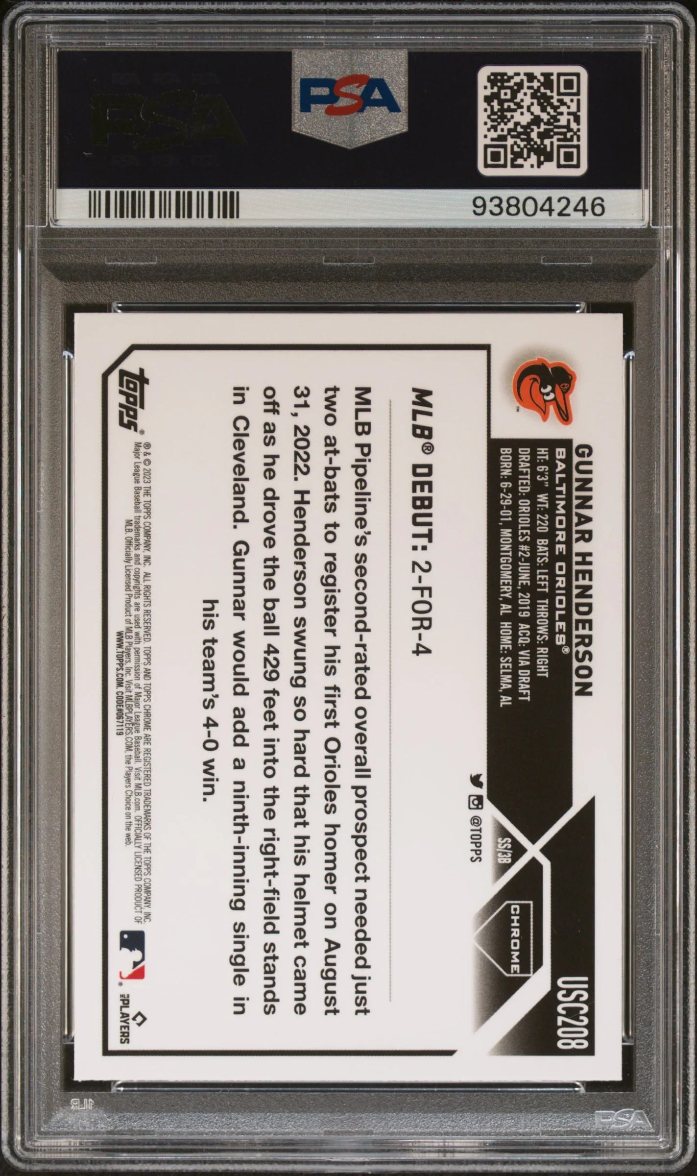 2023 Topps Chrome Update #USC208 Gunnar Henderson PSA 10 - Image 2