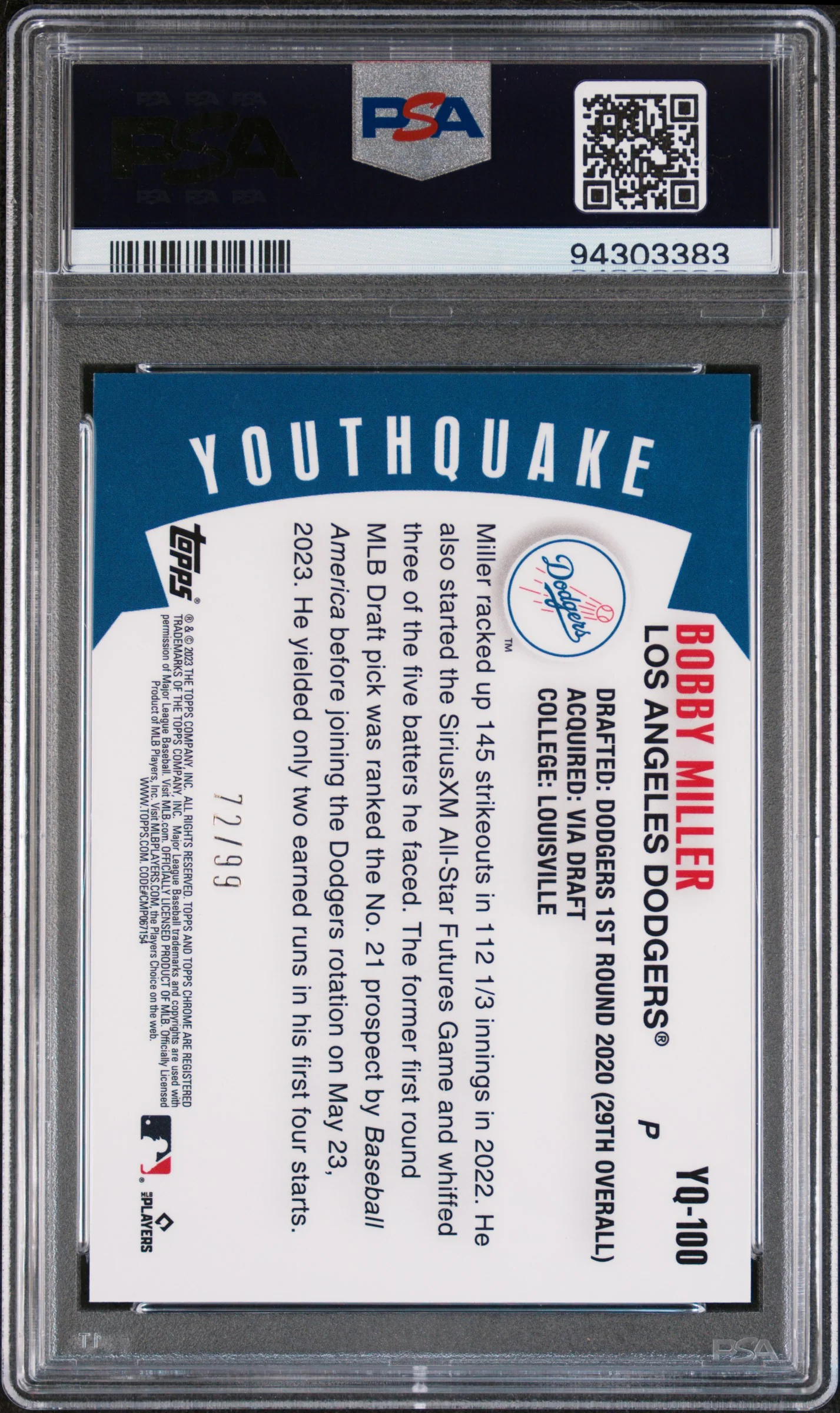 2023 Topps Chrome Youthquake Green Bobby Miller #YQ100 RC /99 PSA 10 - Image 2