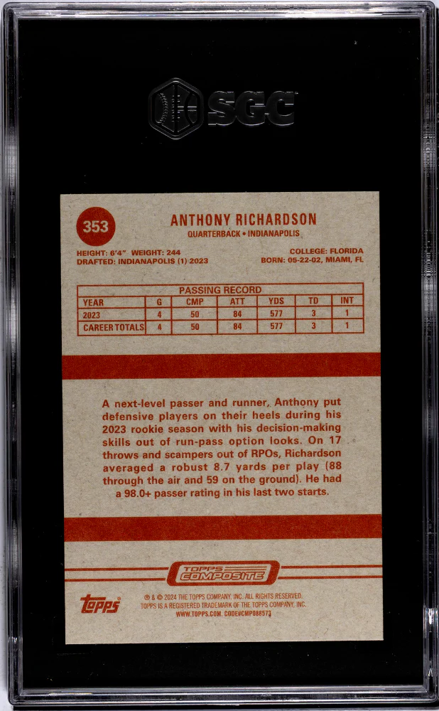 2023 Topps Heritage Anthony Richardson #353 RC SGC 9.5 - Image 2