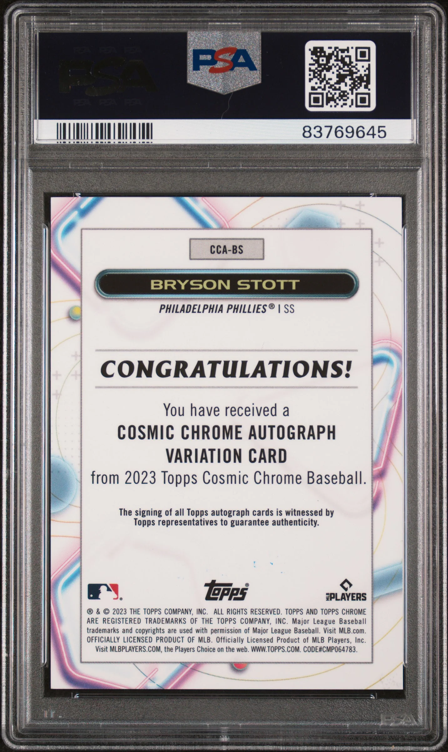 2023 Topps Cosmic Chrome Autograph Black Eclipse Refractor Bryson Stott #CCABS /10 PSA 10 - Image 2
