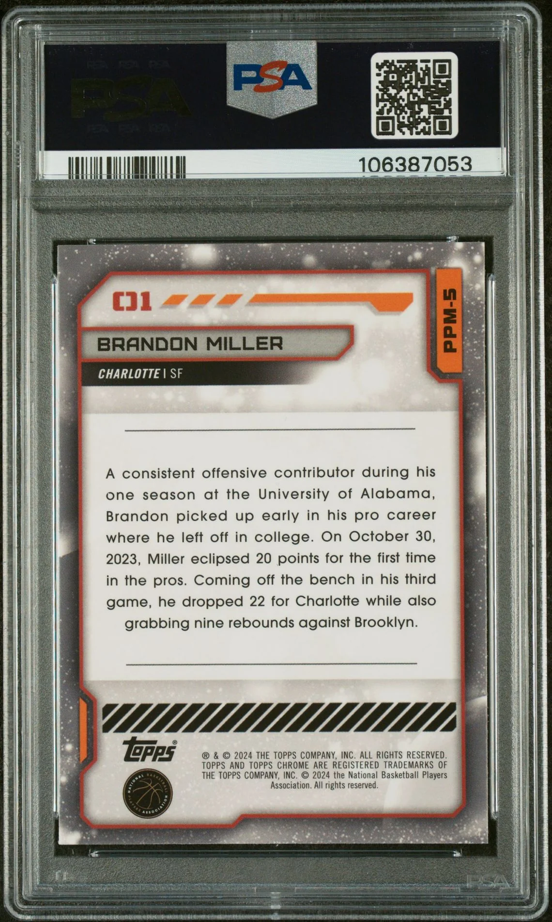 2023 Topps Chrome Planetary Pursuit Mercury Brandon Miller #PPM5 RC PSA 9 - Image 2