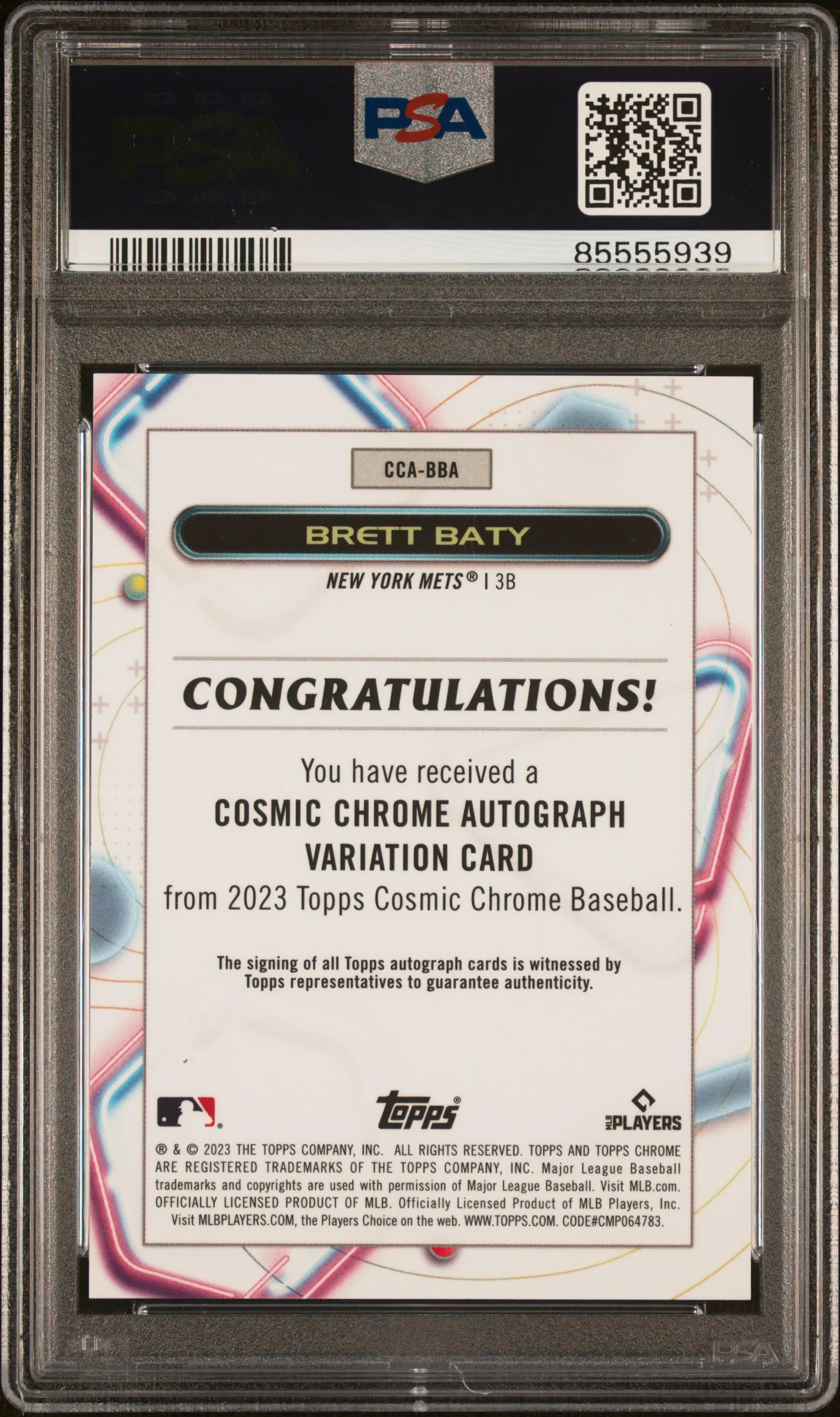 2023 Topps Cosmic Chrome Red Flare Brett Baty #BBA RC Auto /5 PSA 10 - Image 2