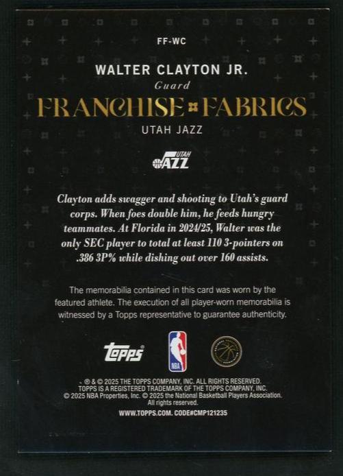 2023 Topps FF-WC Walter Clayton Jr. Franchise Fabrics Rookie /25 Utah Jazz - Image 2