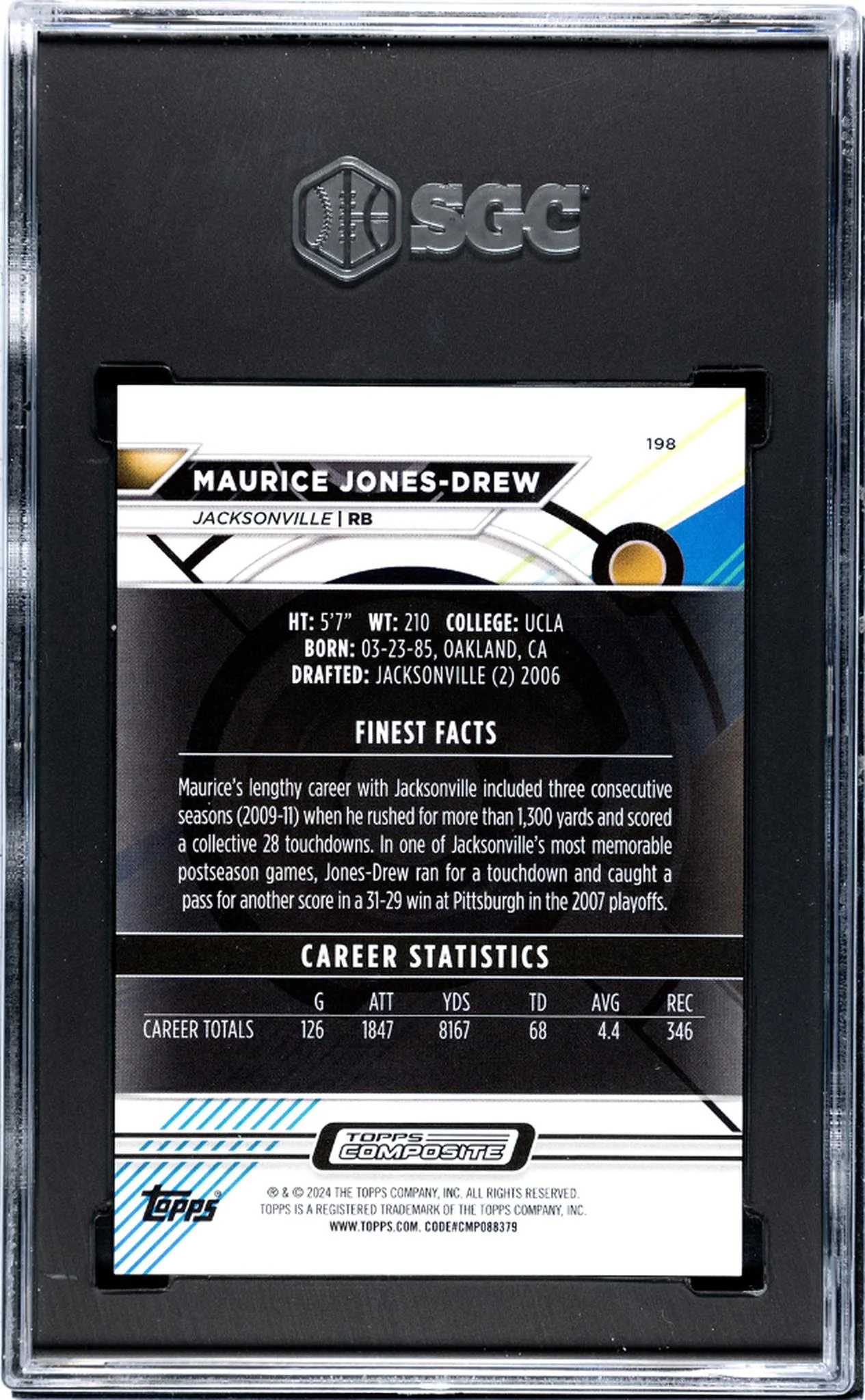 2023 Topps Finest Blue Geometric Refractor Maurice Jones-Drew #198 /99 SGC 10 - Image 2