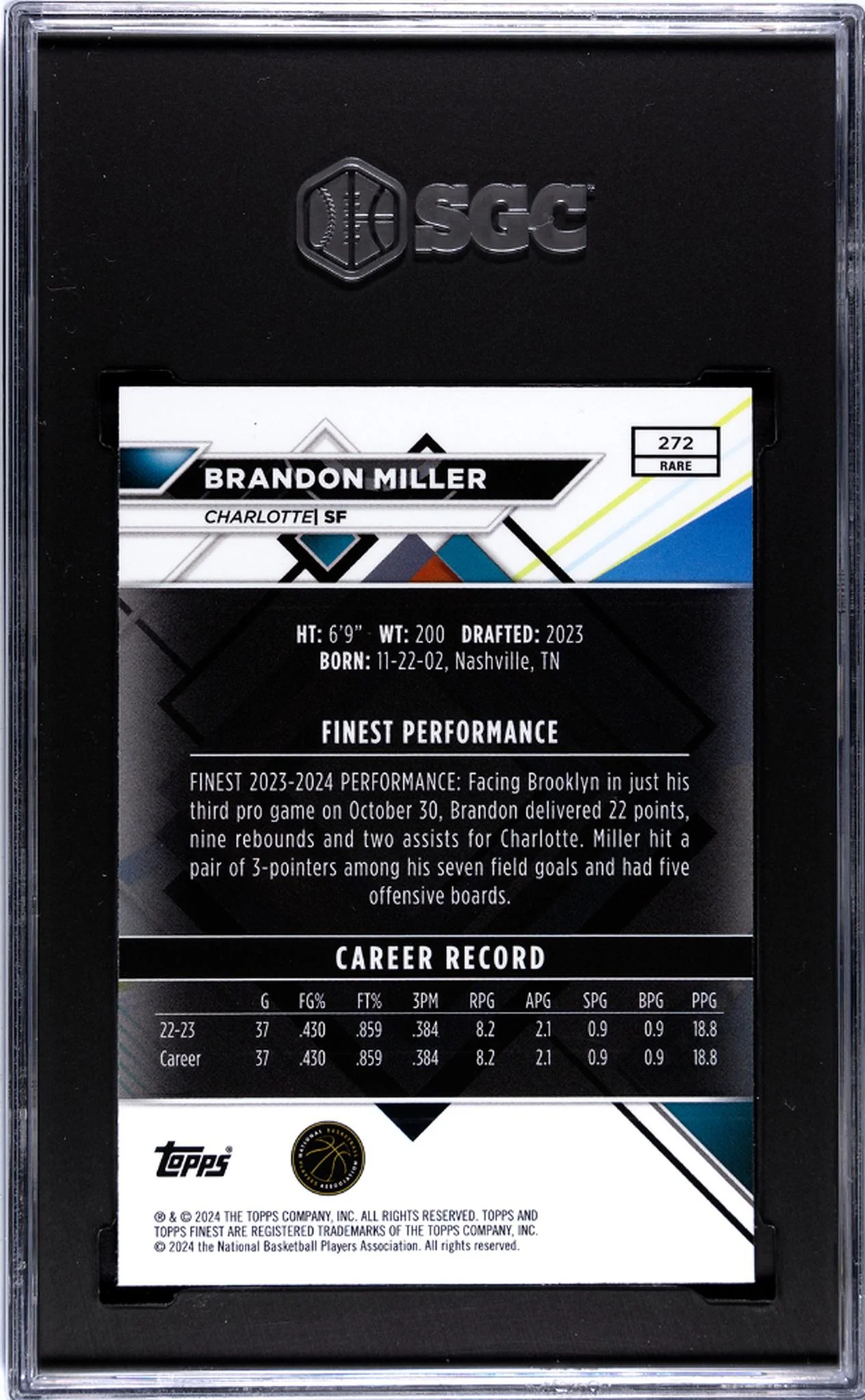 2023 Topps Finest Brandon Miller #272 RC SGC 9.5 - Image 2