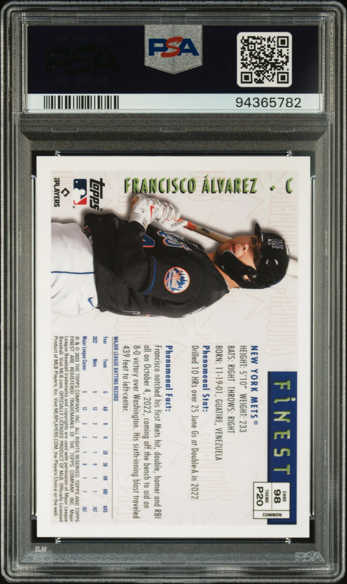 2023 Topps Finest Flashbacks Francisco Alvarez #98 RC Refractor /10 PSA 9 - Image 2