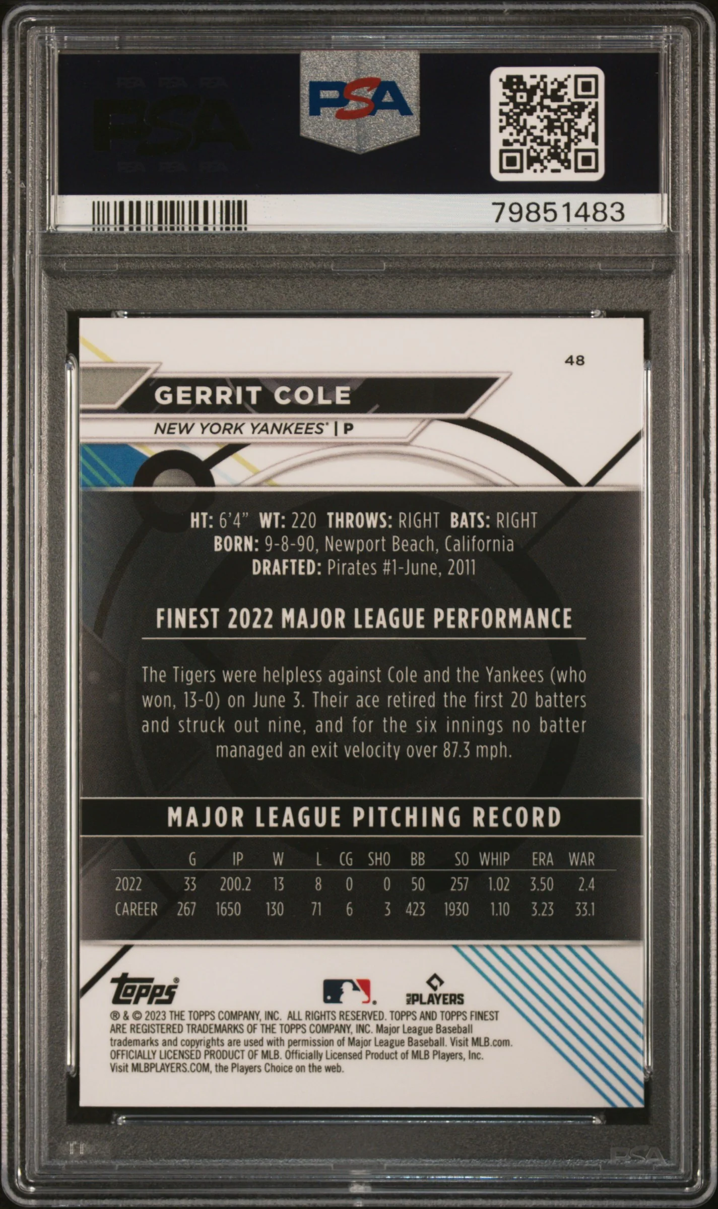 2023 Topps Finest Gerrit Cole #48 PSA 10 - Image 2
