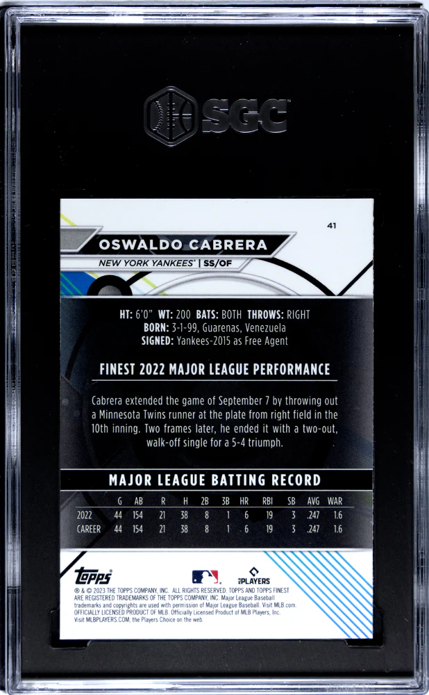 2023 Topps Finest Oswaldo Cabrera #41 RC SGC 9.5 - Image 2