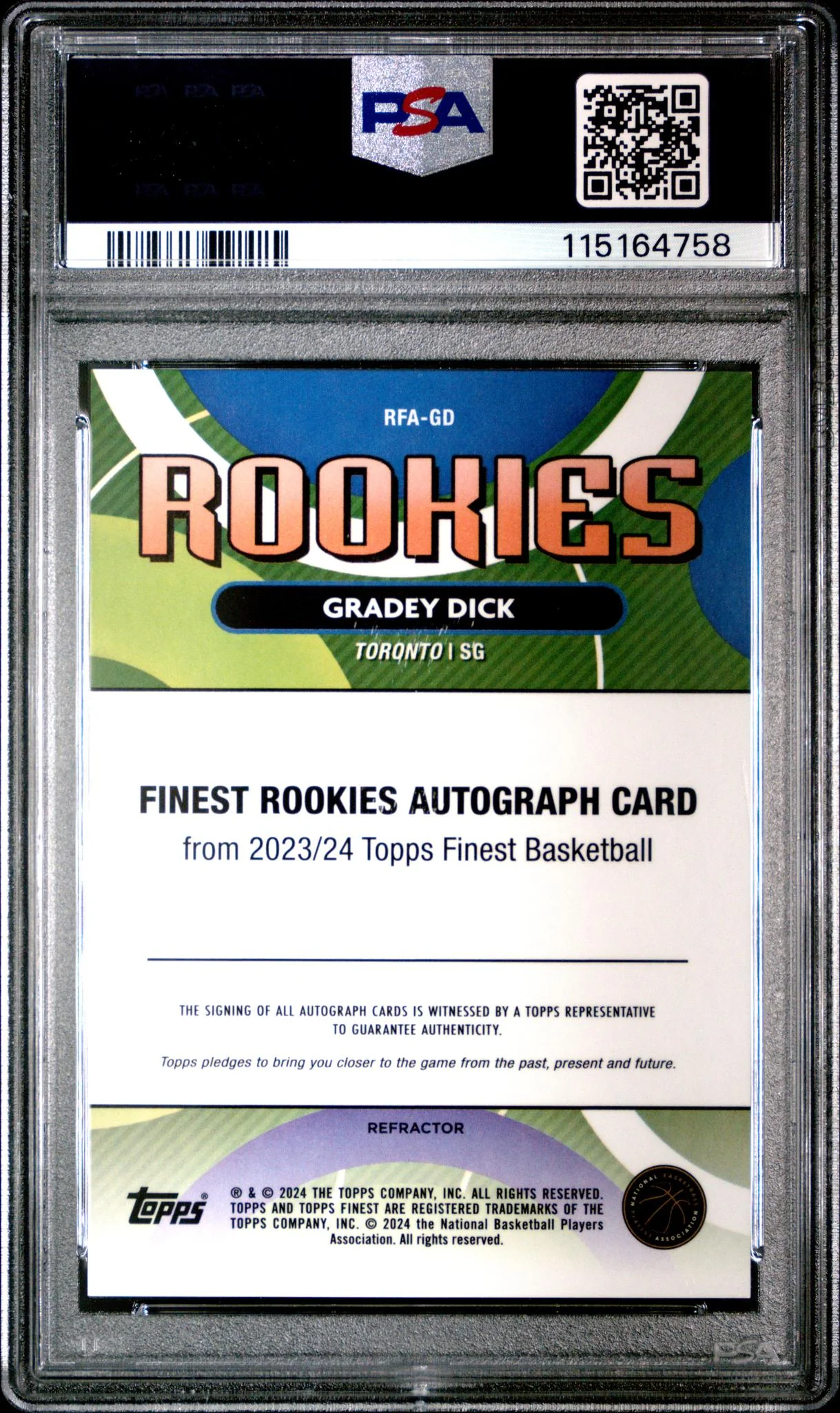 2023 Topps Finest Rookie Finest Refractor Gradey Dick #RFA-GD RC Auto PSA 9 - Image 2