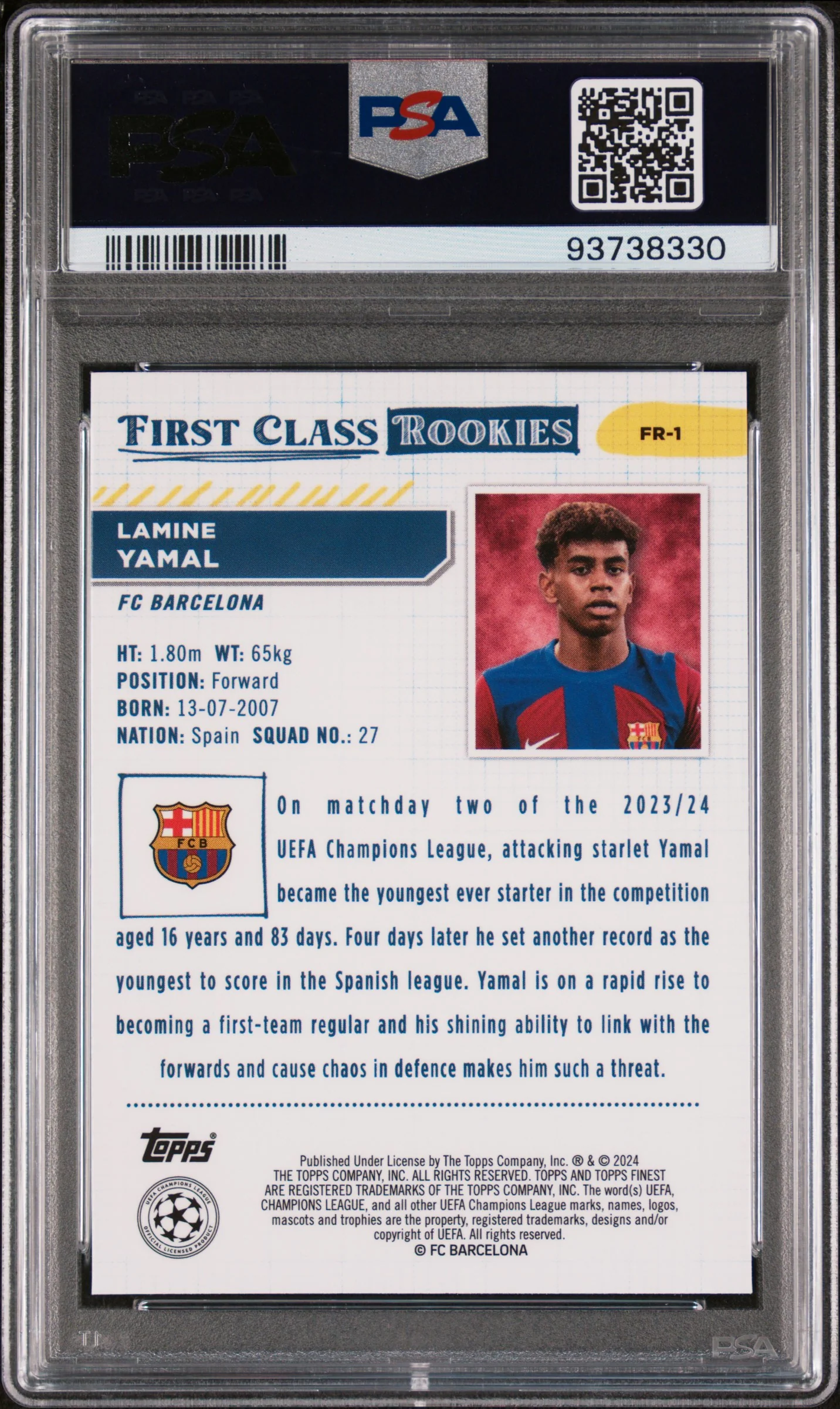2023 Topps Finest UEFA Club Competitions First Class Rookies Lamine Yamal #FR-1 PSA 10 - Image 2