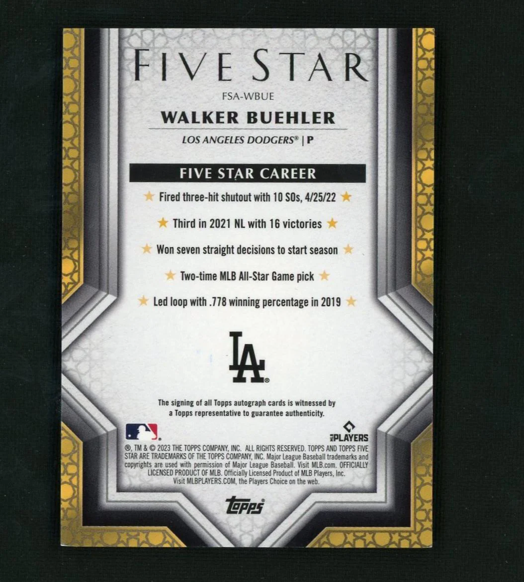 2023 Topps Five Star #FSA-WBUE Walker Buehler Five Star Auto - Image 2