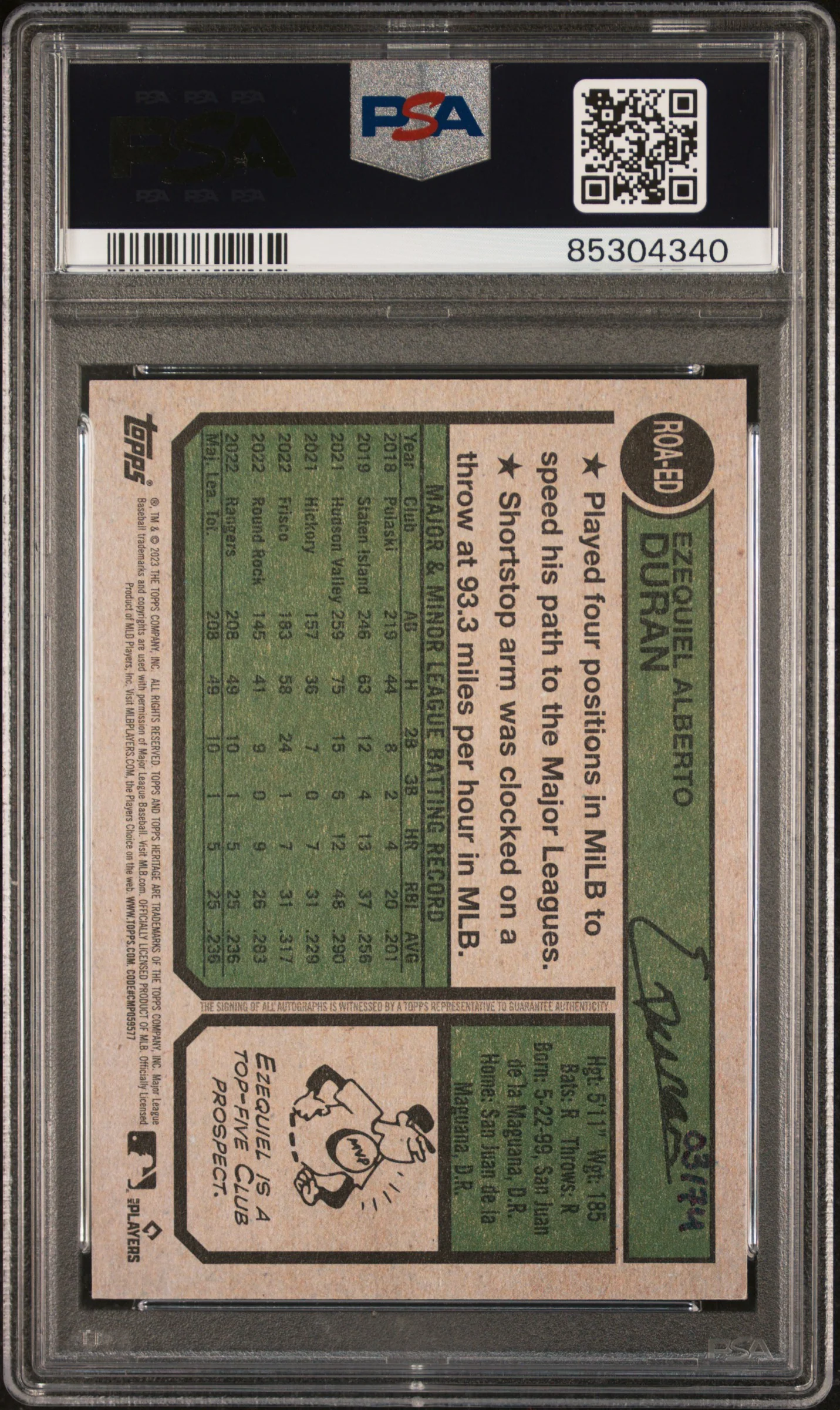 2023 Topps Heritage Real One Red Ink Ezequiel Duran #ROA-ED RC Auto /74 PSA 9 - Image 2