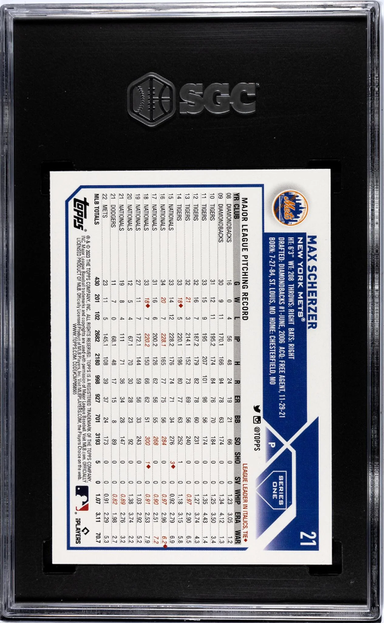 2023 Topps Max Scherzer #21 SGC 9.5 - Image 2