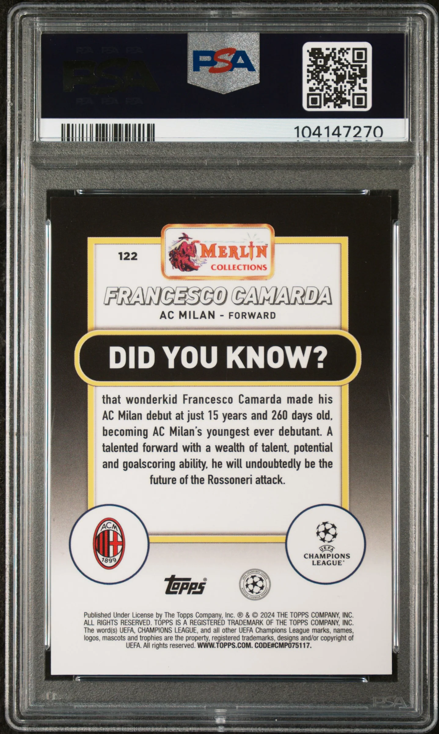 2023 Topps Merlin UEFA Club Competitions #122 Francesco Camarda Purple Refractor PSA 9 - Image 2