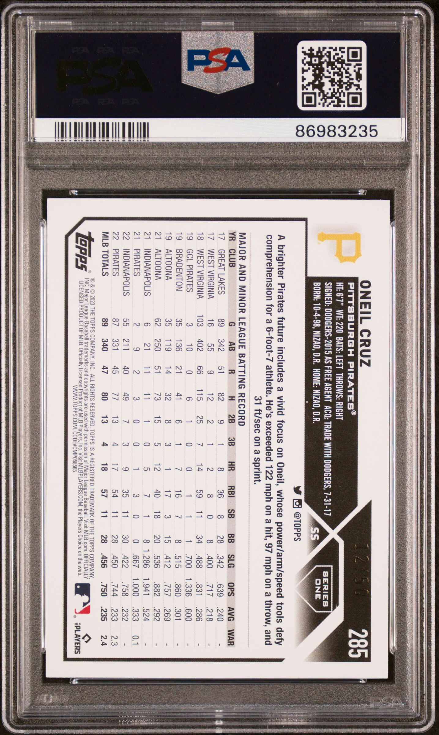 2023 Topps Mother's Day Hot Pink Oneil Cruz #285 /50 PSA 8 - Image 2