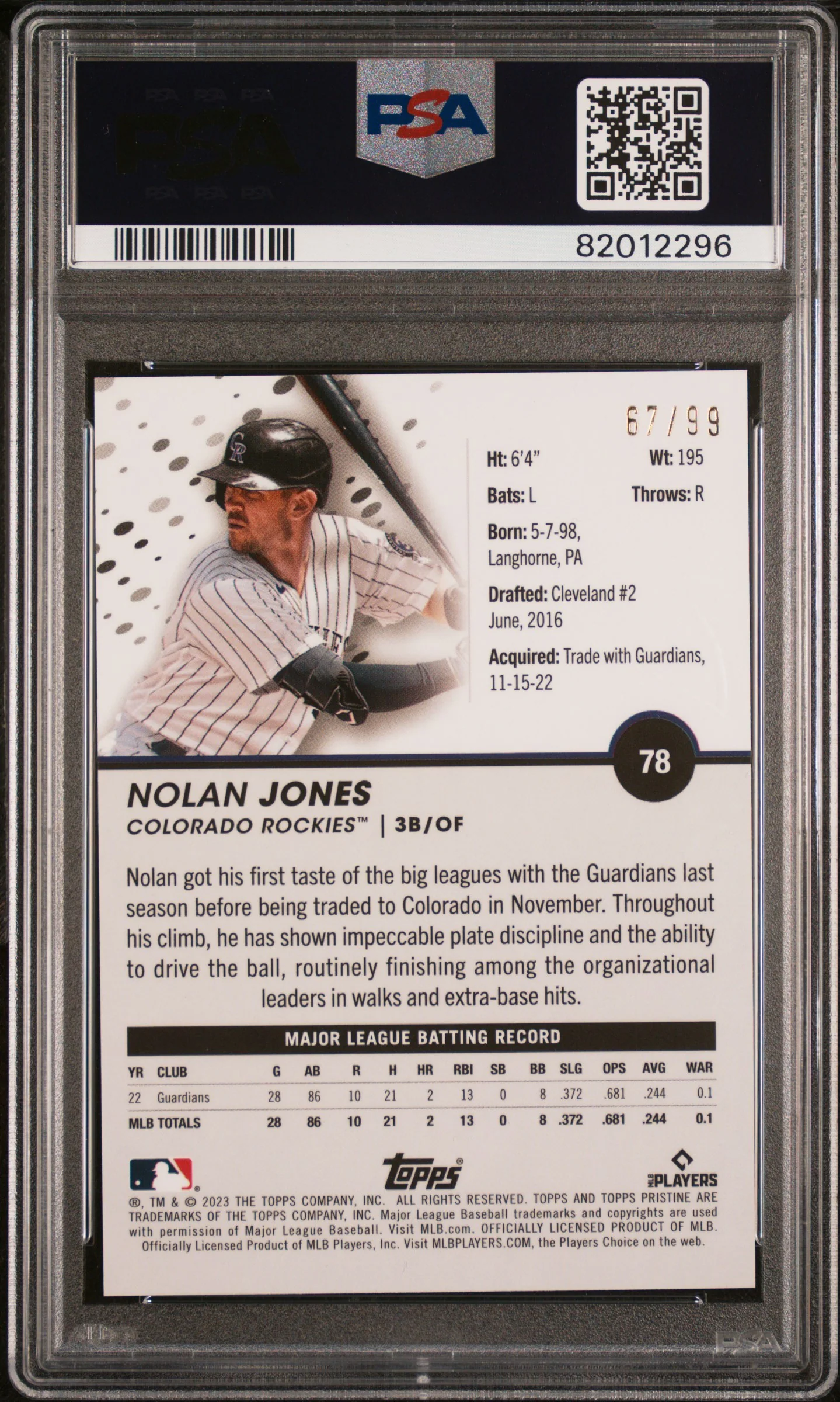 2023 Topps Pristine Purple Nolan Jones #78 RC /99 PSA 10 - Image 2