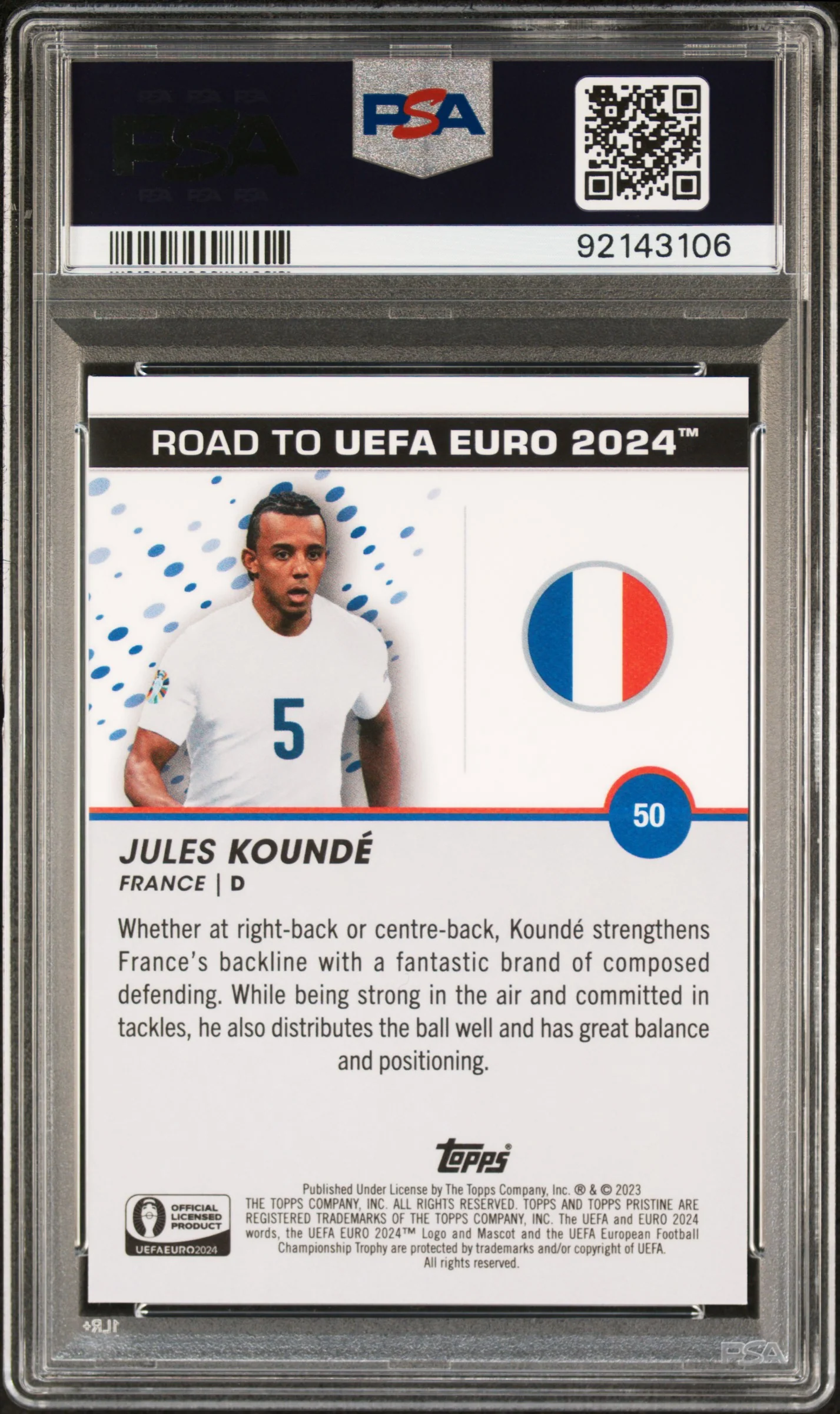 2023 Topps Pristine Road To UEFA Euro 2024 Green Jules Kounde #50 PSA 10 - Image 2