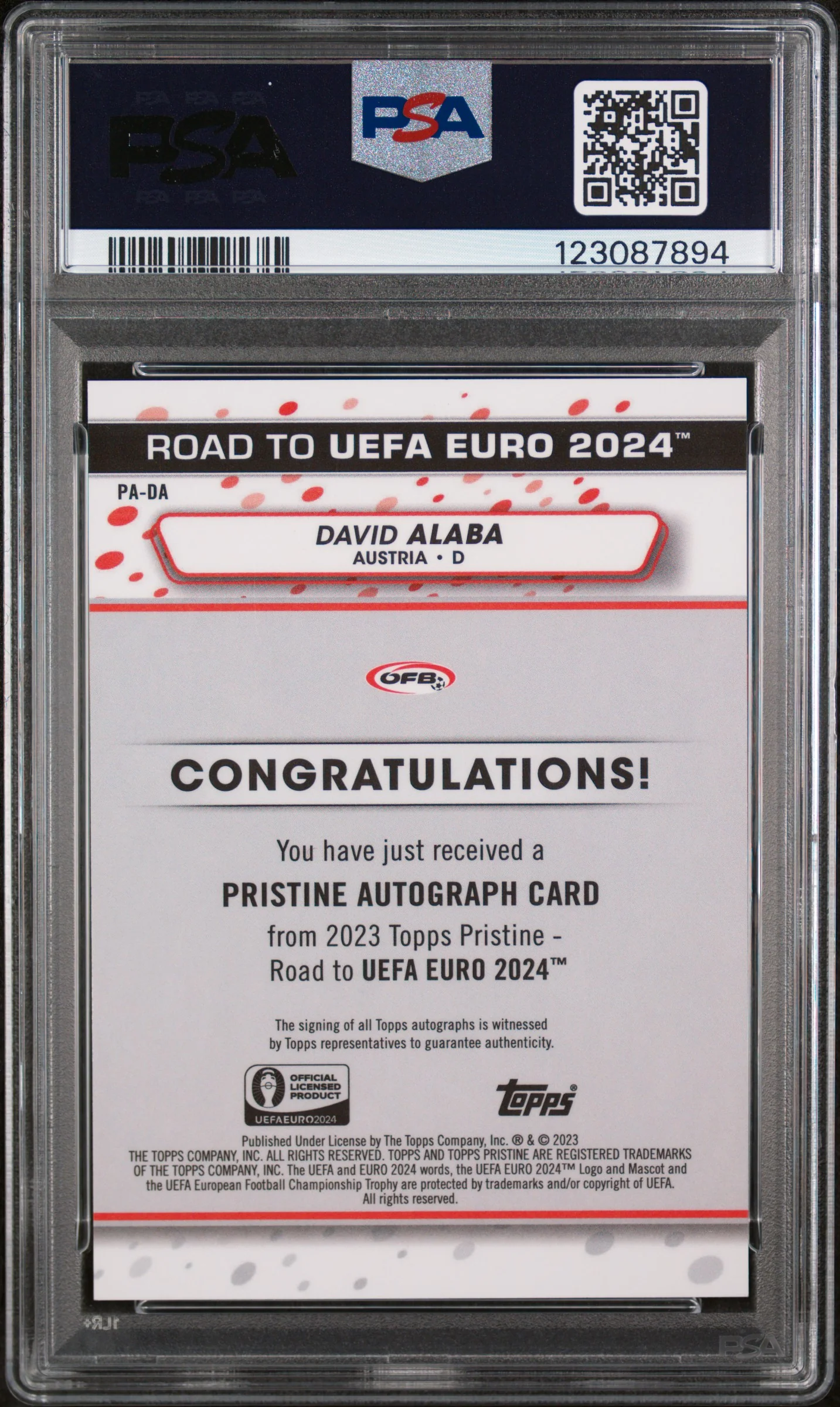 2023 Topps Pristine Road To UEFA Euro 2024 Pristine Autographs David Alaba #PADA PSA 10 - Image 2