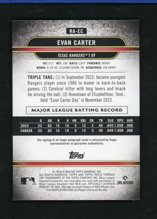 2023 Topps #RA-EC Evan Carter Rookie Auto /50 - Image 2