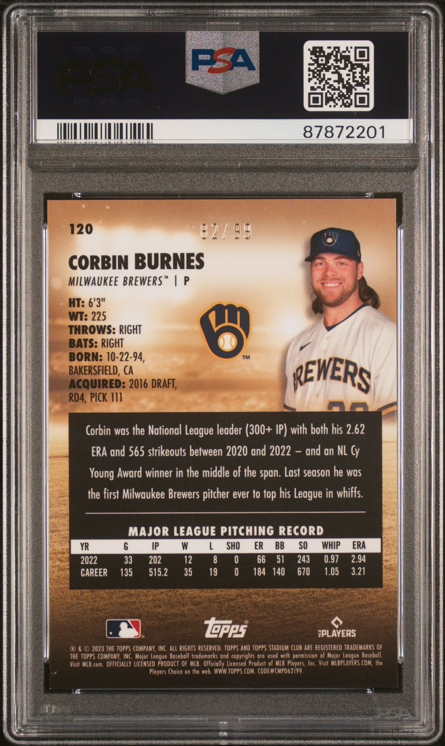 2023 Topps Stadium Club Orange Chrome Corbin Burnes #120 /99 PSA 10 - Image 2