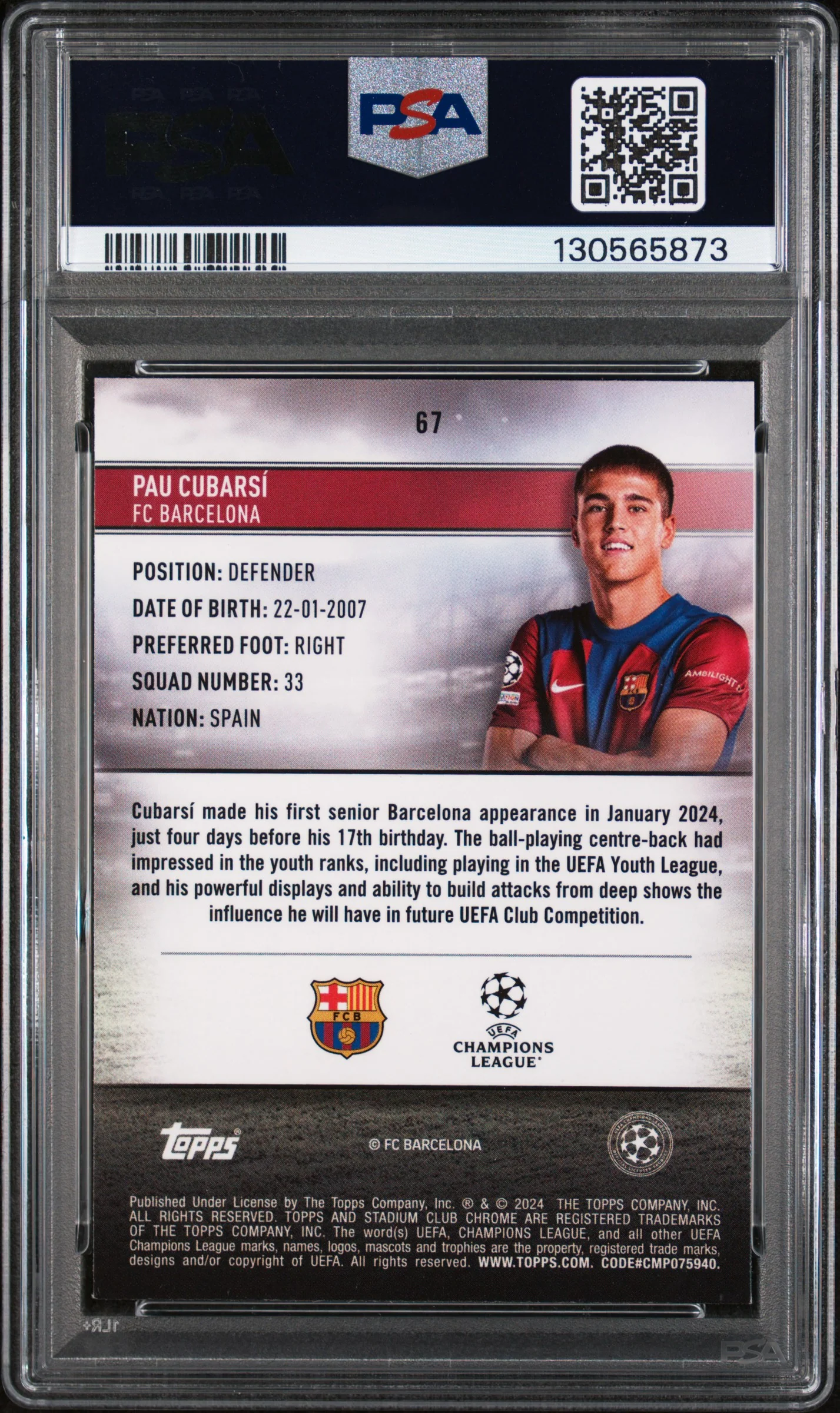 2023 Topps Stadium Club Chrome UEFA Club Competitions Sepia Prism Refractor Pau Cubarsí #67 /75 PSA 9 - Image 2
