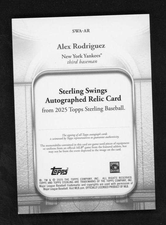 2023 Topps Sterling SWA-AR Alex Rodriguez Sterling Swings /25 VG New York Yankees Auto - Image 2