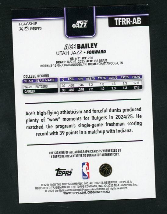 2023 Topps TFRR-AB Ace Bailey Rookie VG Utah Jazz Auto - Image 2