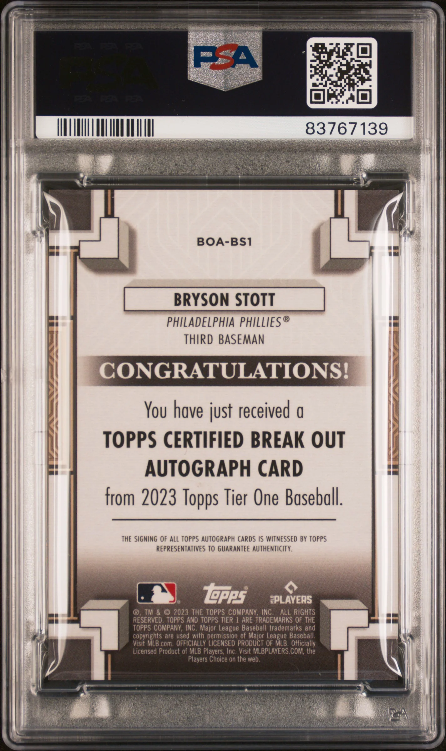 2023 Topps Tier One Break Out Autographs Bronze Ink Bryson Stott #BOABS1 /25 PSA 10 - Image 2