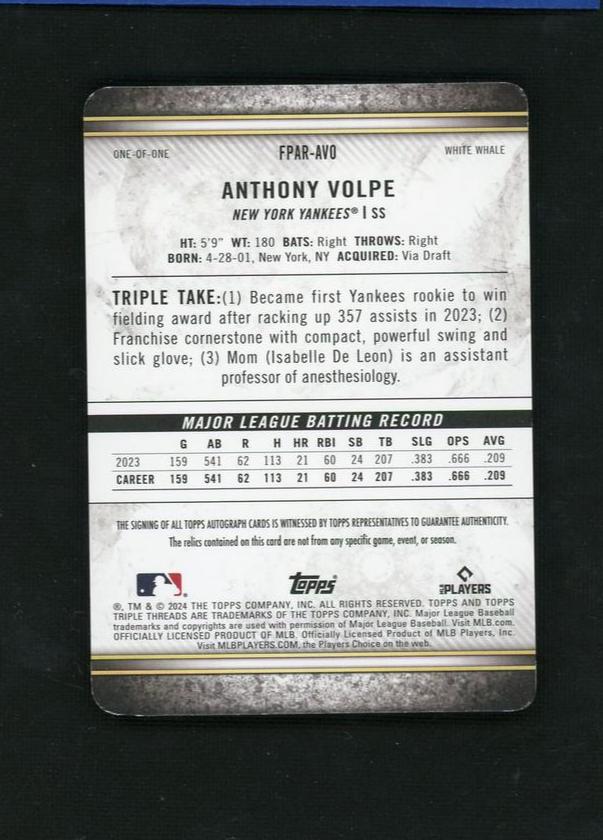 2023 Topps Triple Threads Anthony Volpe Auto Relic White Whale Rookie 1/1 - Image 2