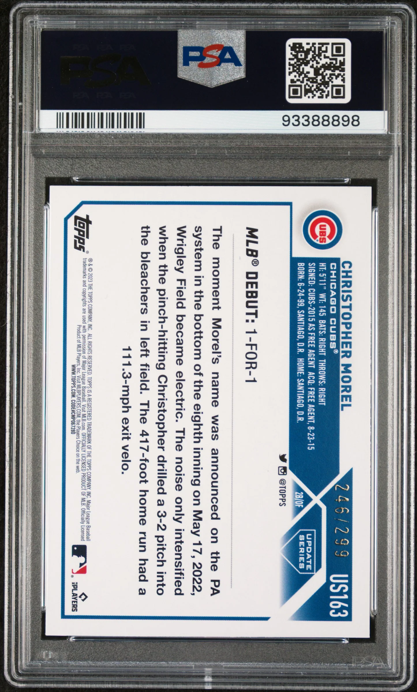 2023 Topps Update Orange Foil Christopher Morel #US163 RC /299 PSA 10 - Image 2