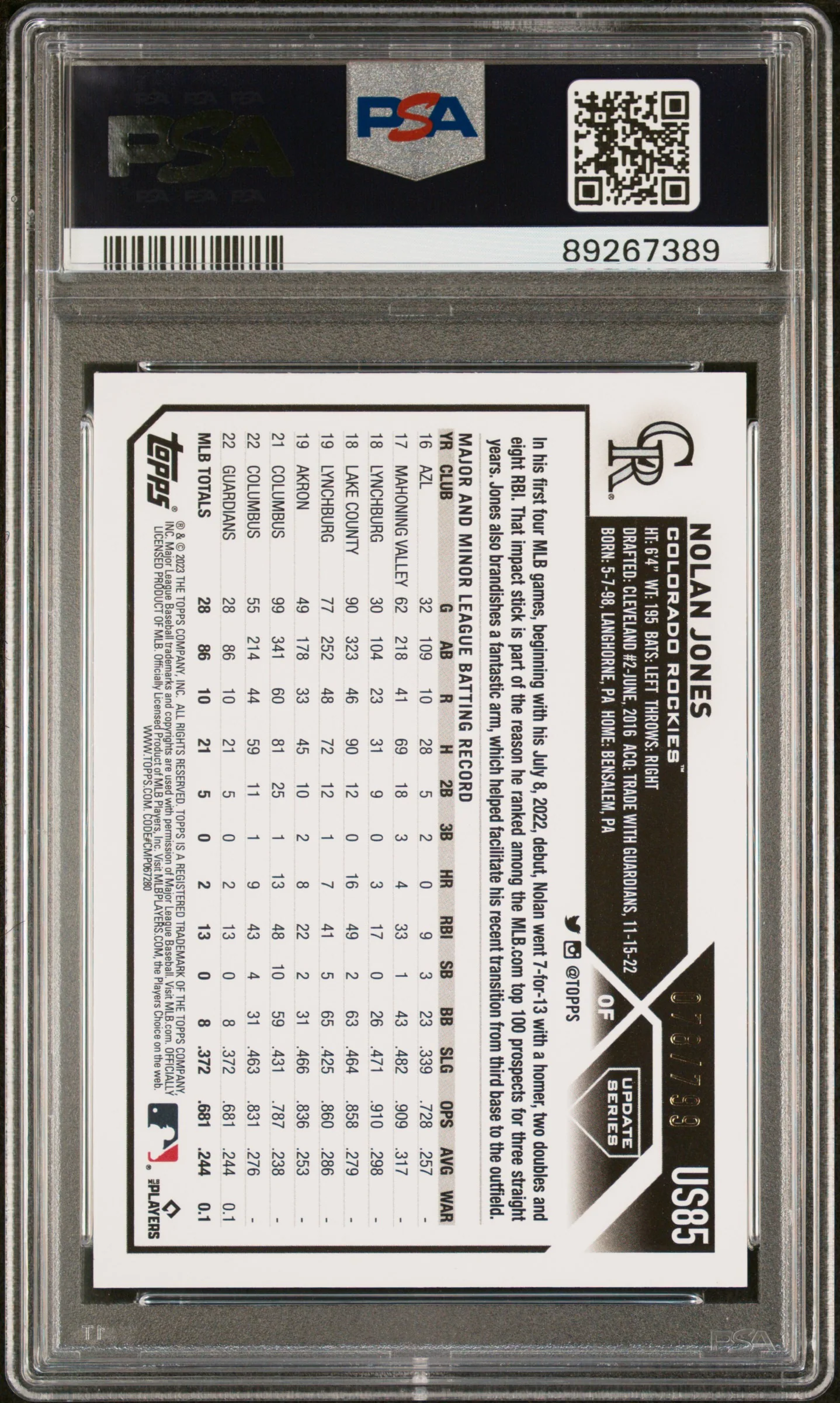 2023 Topps Update Purple Foil Nolan Jones #US85 RC /799 PSA 10 - Image 2