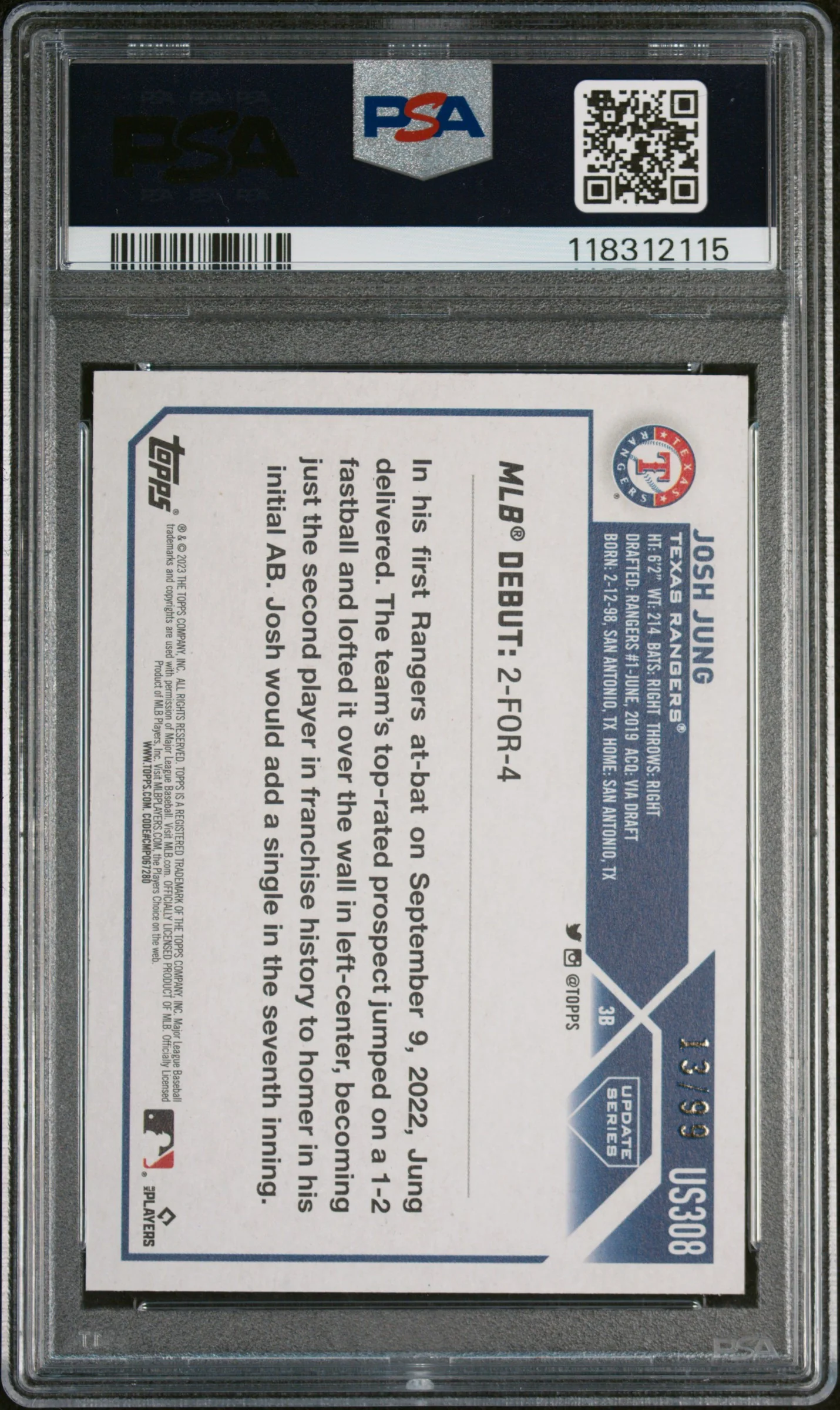 2023 Topps Update Vintage Stock Josh Jung #US308 /99 PSA 10 - Image 2