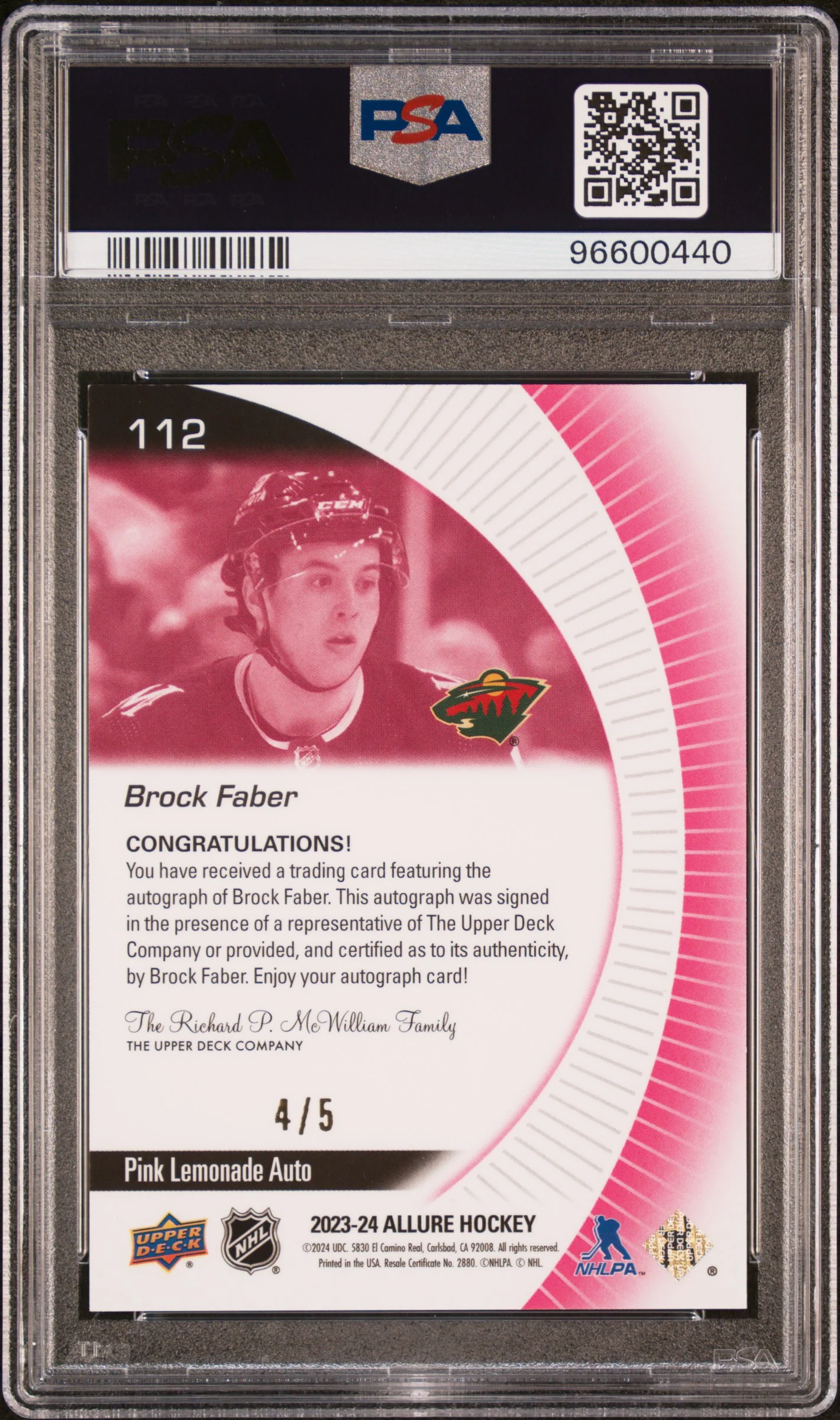 2023 Upper Deck Allure Autograph-Pink Lemonade Brock Faber #112 /5 PSA 9 - Image 2