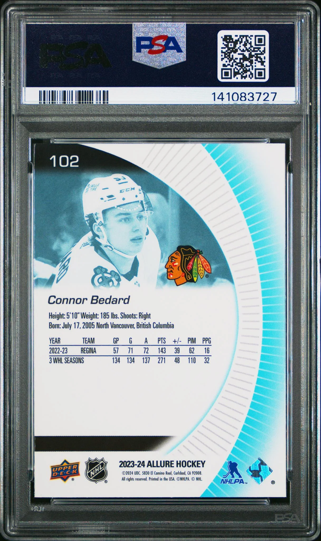 2023 Upper Deck Allure Rookie Connor Bedard #102 PSA 8 - Image 2