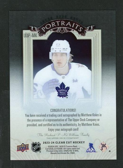2023 Upper Deck Clear Cut Matthew Knies Portraits VG Toronto Maple Leafs Auto - Image 2