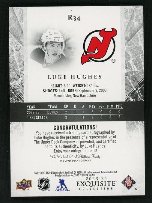 2023 Upper Deck Exquisite R34 Luke Hughes Rookie Devils Auto - Image 2