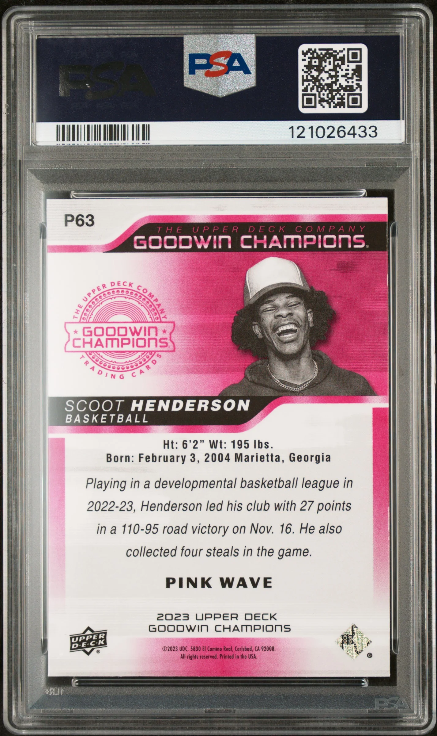 2023 Upper Deck Goodwin Champions Platinum Pink Wave Scoot Henderson #P63 PSA 9 - Image 2