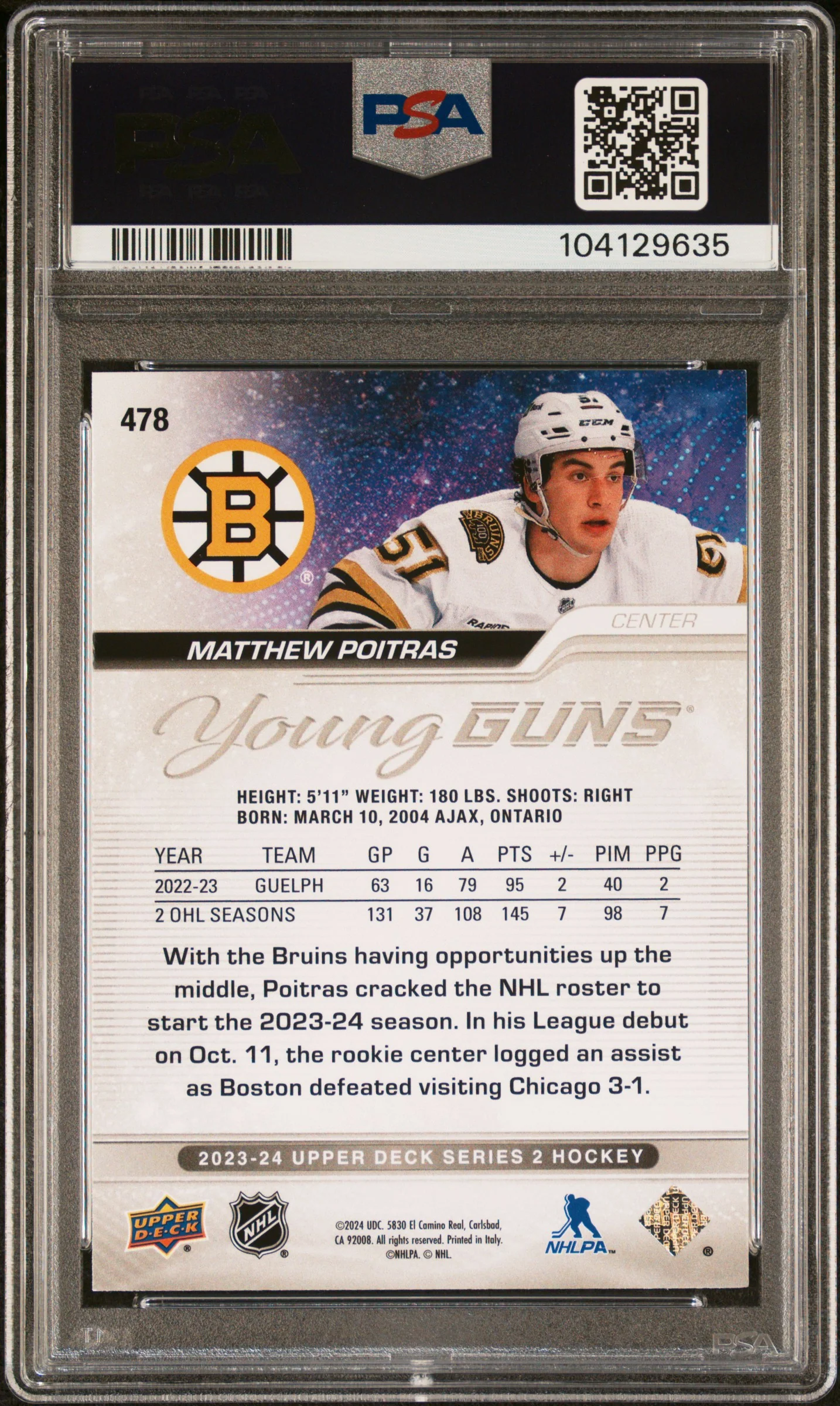 2023 Upper Deck Matthew Poitras #478 PSA 9 - Image 2