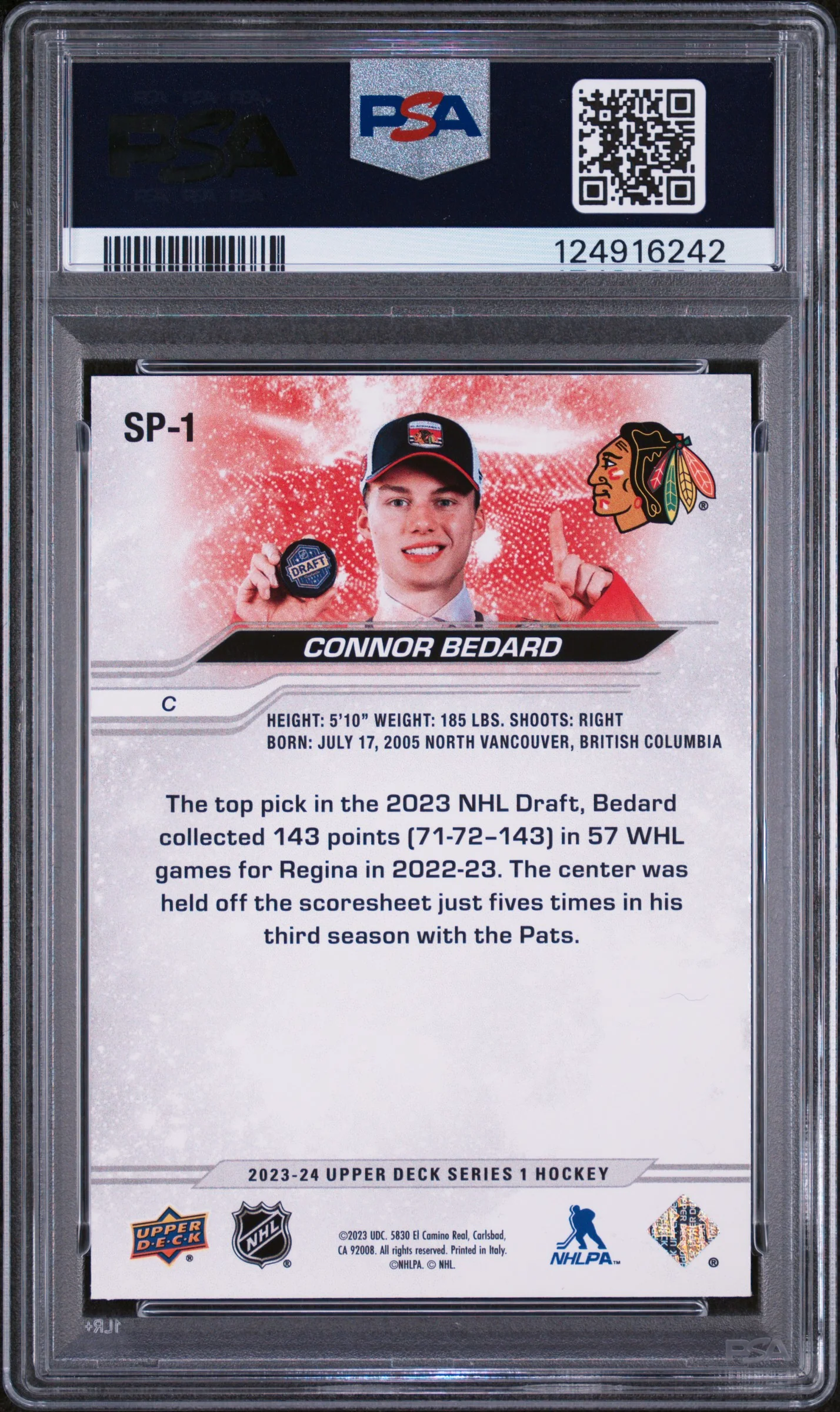 2023 Upper Deck NHL Draft SP Connor Bedard #SP1 PSA 7 - Image 2