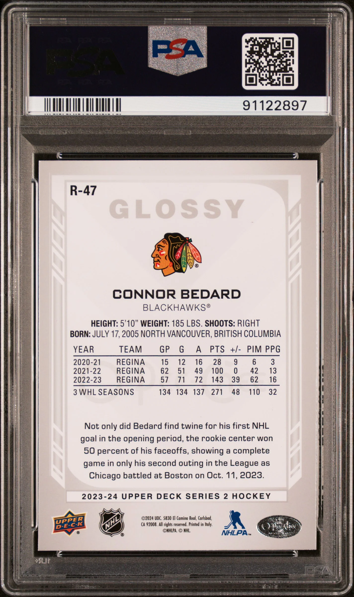 2023 Upper Deck O-Pee-Chee Glossy Connor Bedard #R47 PSA 10 - Image 2