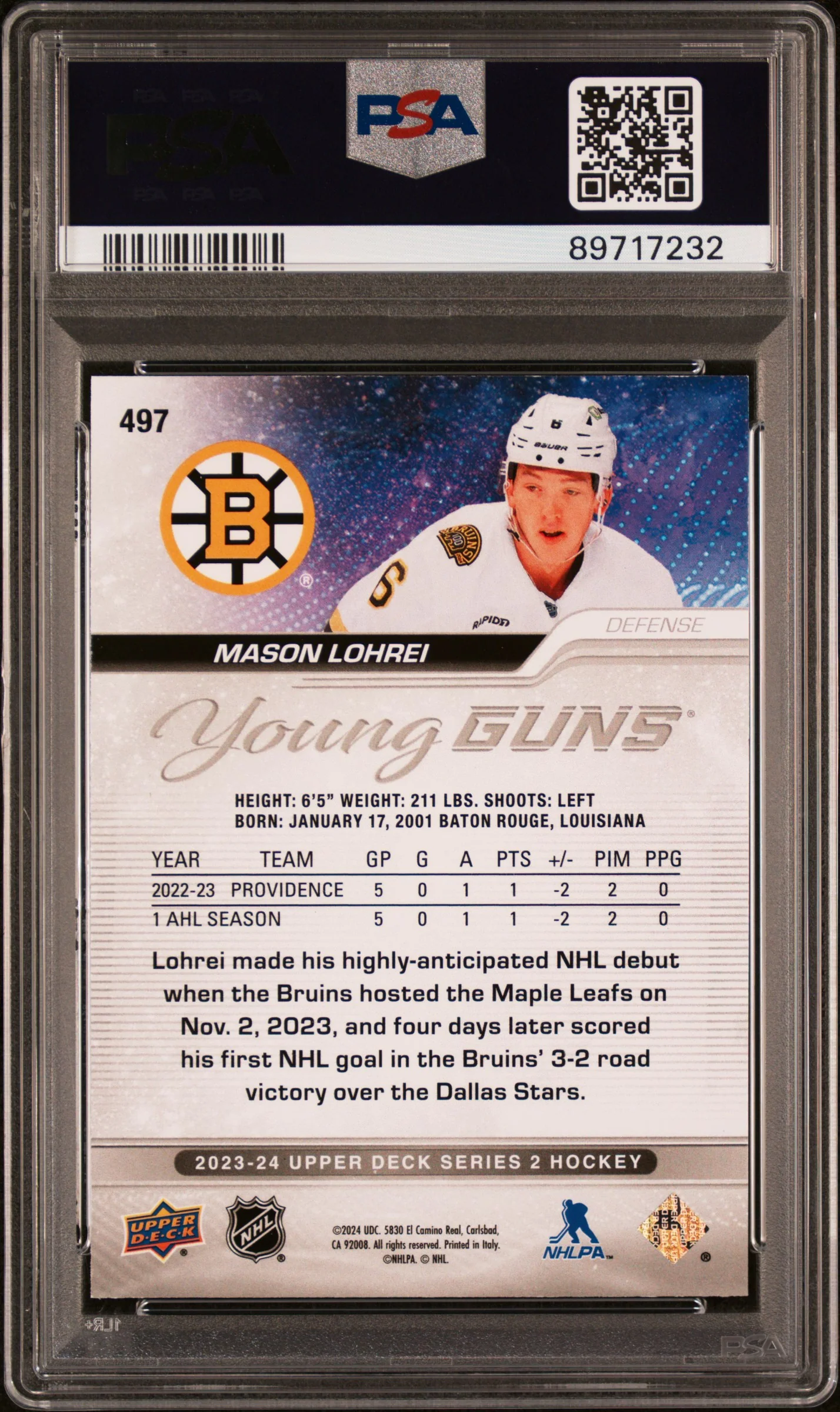 2023 Upper Deck Outburst Silver Mason Lohrei #497 PSA 9 - Image 2
