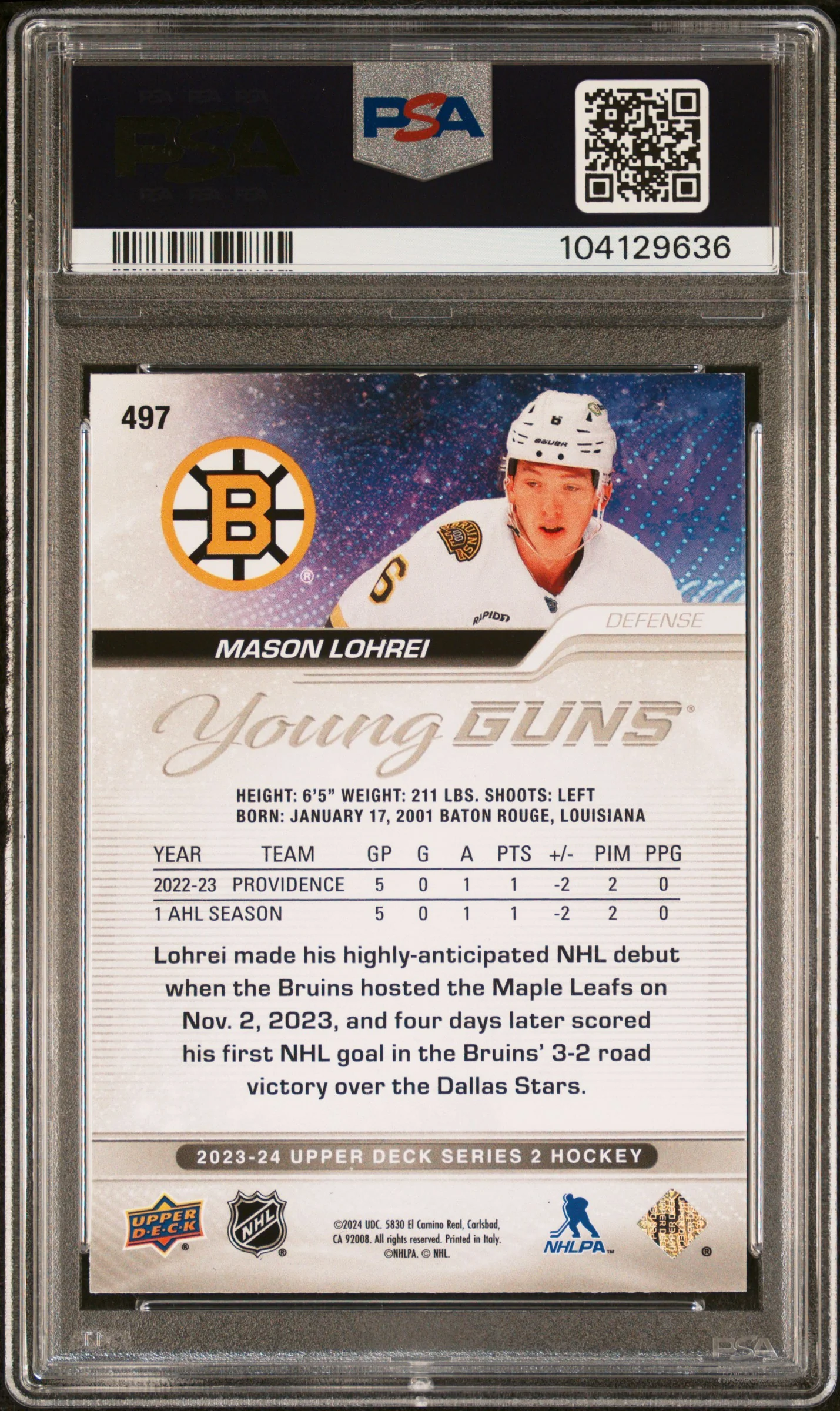 2023 Upper Deck Outburst Silver Mason Lohrei #497 PSA 9 - Image 2