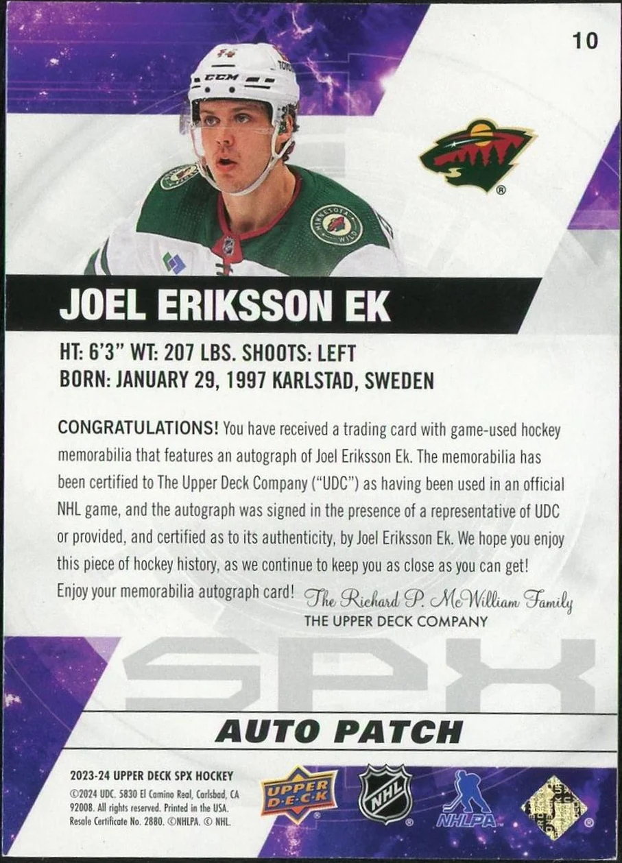 2023 Upper Deck SPx Joel Eriksson Ek #10 Auto Patch /49 - Image 2