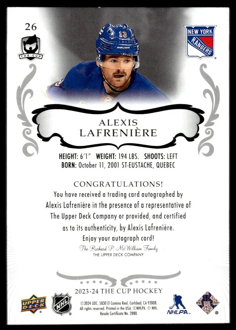 2023 Upper Deck The Cup 26 Alexis Lafrenière /12 VG New York Rangers Auto - Image 2